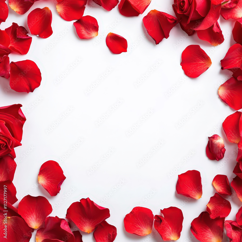 Fototapeta premium Red rose petals arranged in heart shape on white background create romantic and elegant atmosphere, perfect for special occasions or celebrations