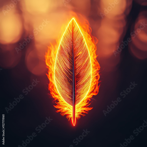 glowing feather surrounded by flames, symbolizing creativity and passion. vibrant colors and ereal glow create captivating visual experience photo