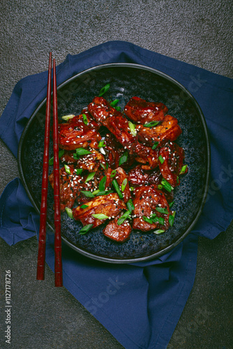 yakitori chicken kebab, on a plate, with green onions and sesame seeds, top view, no people, photo