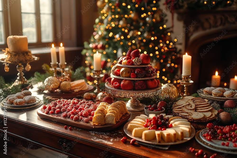 A table is covered with a variety of food and desserts, including a large cake A table is covered with a variety of food and desserts, including a large cake