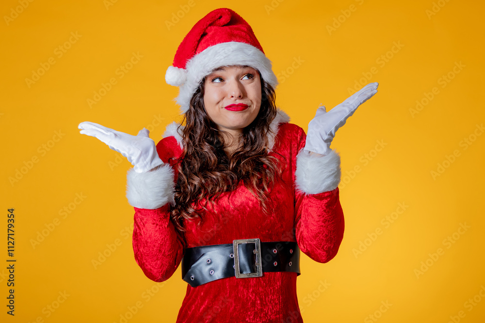 young woman in santa claus suit resigned isolated on background young woman in santa claus suit resigned isolated on background