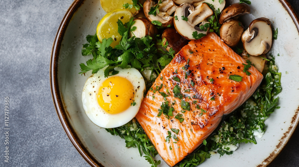 Perfectly Cooked Salmon Served with Eggs and a Vibrant Salad Mix