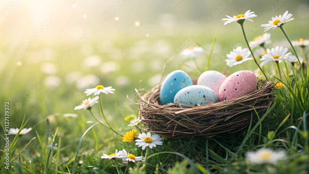 Spring Nest with Pastel Eggs, Daisies, and Dreamy Sunlit Atmosphere V1 Spring Nest with Pastel Eggs, Daisies, and Dreamy Sunlit Atmosphere V1