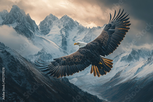 A majestic eagle soaring over snow-capped mountains at sunset. photo