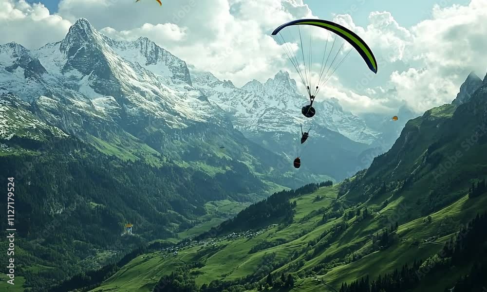 Paragliding Over Snow-Capped Alps and Lush Green Valleys Paragliding Over Snow-Capped Alps and Lush Green Valleys