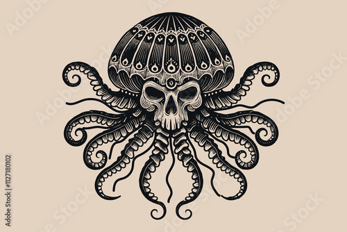 Sinister jellyfish with a skull face in vintage black and white tattoo style