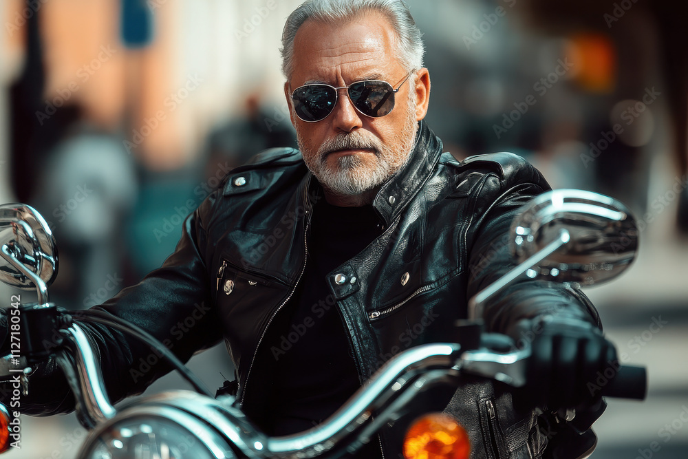 A mature man in sunglasses and a leather jacket confidently rides a motorcycle. A mature man in sunglasses and a leather jacket confidently rides a motorcycle.