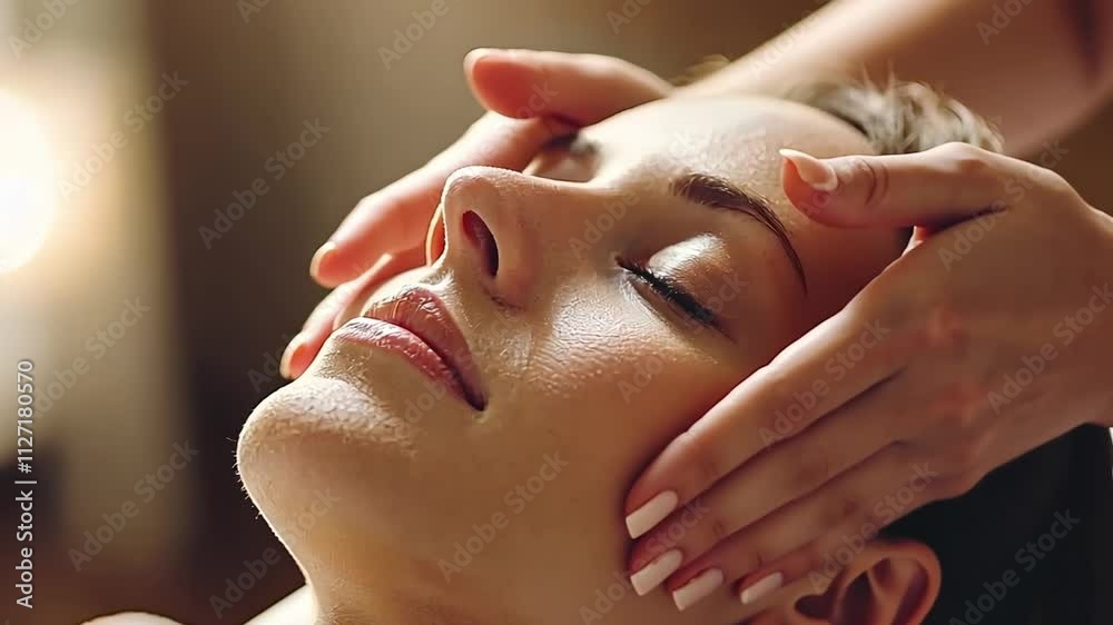 Close-up of a woman receiving a relaxing facial massage.  Soft lighting enhances the serene atmosphere.