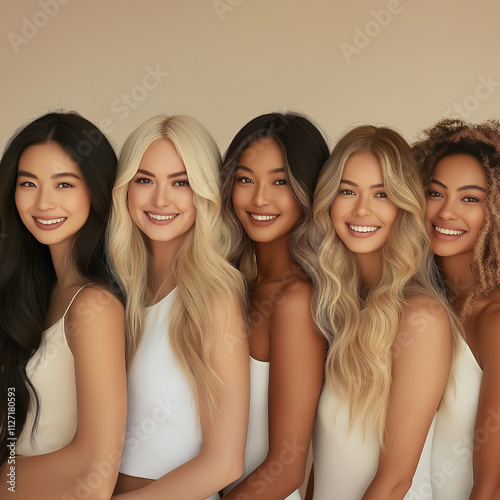 A group of five women smiling against a beige background, showcasing diverse hairstyles and hair colors. The image highlights beauty, diversity, and friendship.