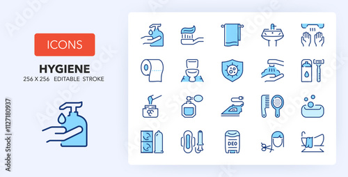 Line icons about personal hygiene and care. Contains such icons as prophylactics, depilatory wax, haircut and more. 256x256 Pixel Perfect editable in two colors
