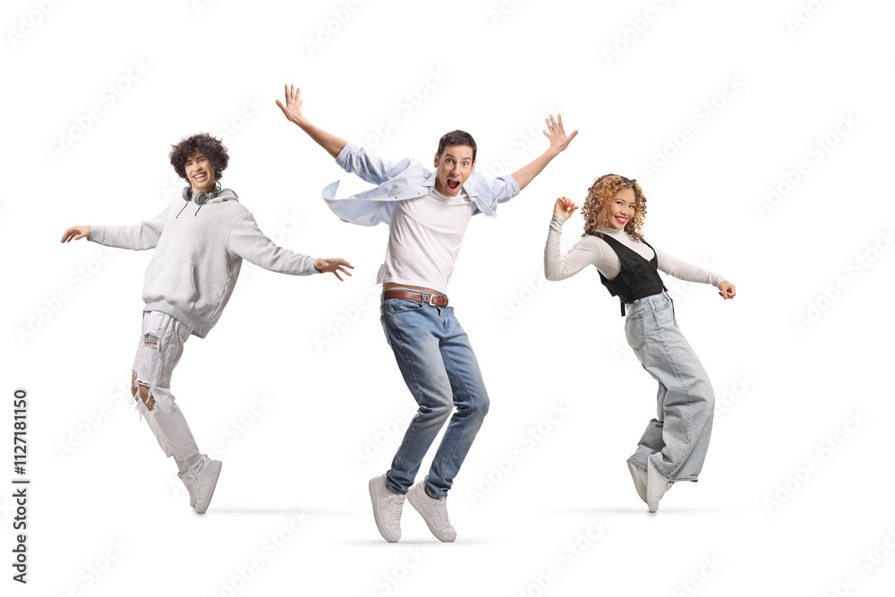 Young men and an asian woman dancing Young men and an asian woman dancing