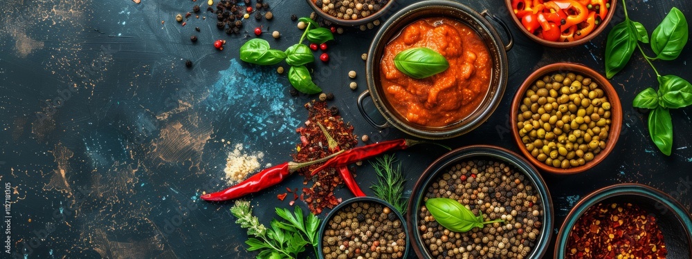 Vibrant spices and sauce on a dark rustic surface Vibrant spices and sauce on a dark rustic surface