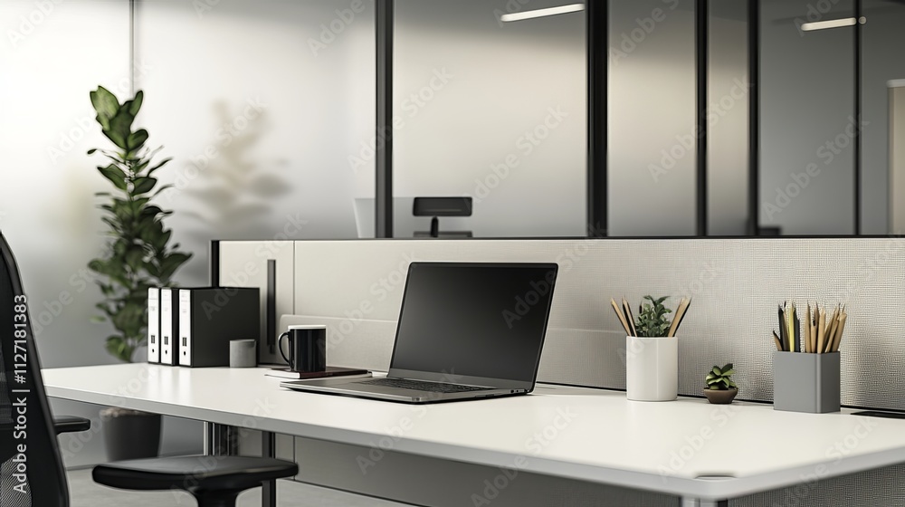 Obraz premium An organized office desk is shown, with a laptop, mug, plant, and office supplies placed on a white desk in a glass partitioned office. 