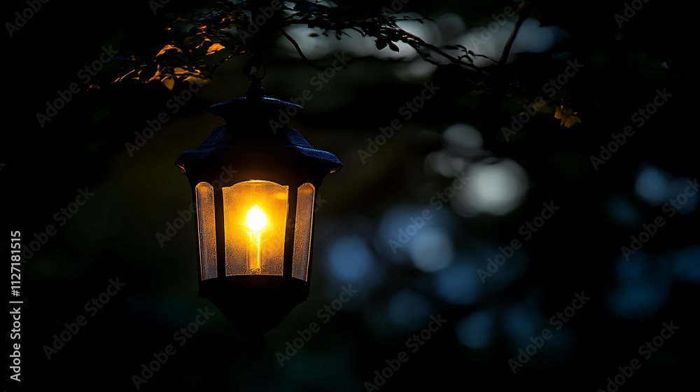 Illuminated Lantern Hanging From Tree Branch At Night Illuminated Lantern Hanging From Tree Branch At Night