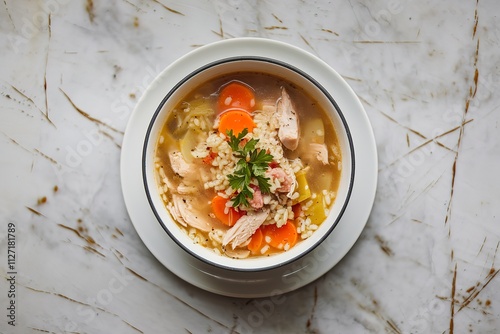 A medium shot of a bowl of chicken soup with rice and vegetables