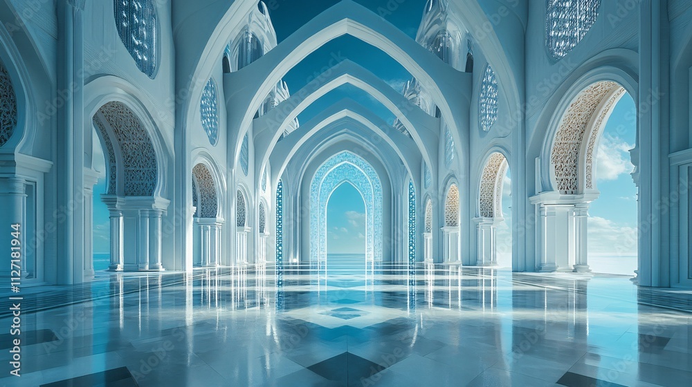 Fototapeta premium A stunning architectural interior with intricate arches, reflecting surfaces, and a serene blue ambiance, creating a tranquil and majestic atmosphere.
