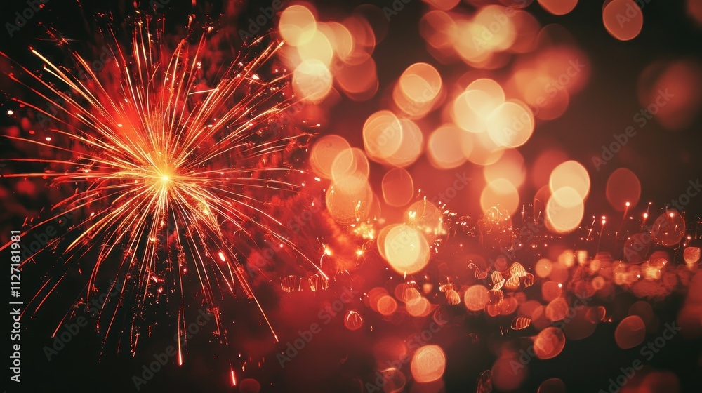 Fototapeta premium Festive Red Fireworks Bokeh Lights New Year Celebration Party Background