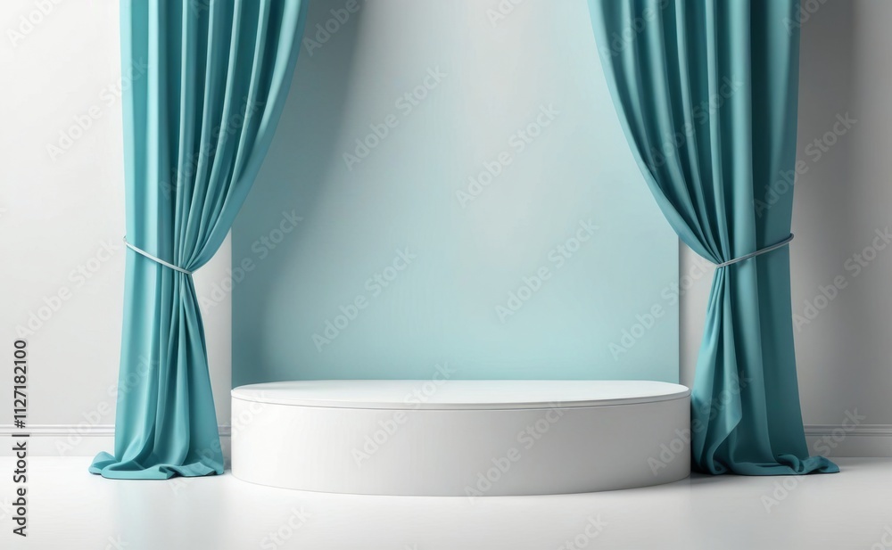 Elegant display area with turquoise curtains and a round white platform for presentations or events Elegant display area with turquoise curtains and a round white platform for presentations or events