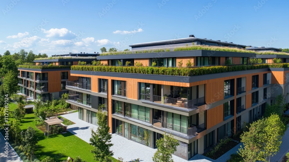 Modern apartment complex with green roofs and landscaping. Modern apartment complex with green roofs and landscaping.
