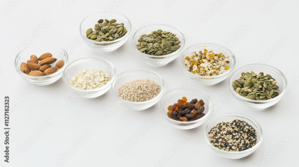 A neatly arranged selection of small bowls filled with nuts, seeds, and dried fruits, showcasing healthy snack options for a balanced diet, presented in a minimalist style.