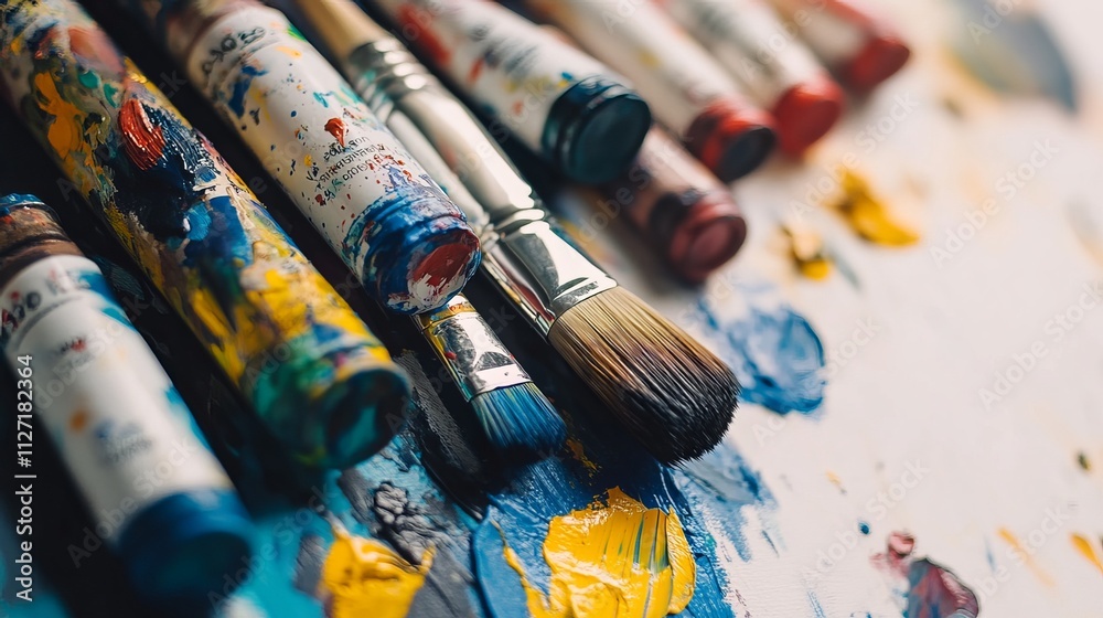 Fototapeta premium Assorted art supplies, including tubes of vibrant paints and various paintbrushes, are presented against a plain white background. 