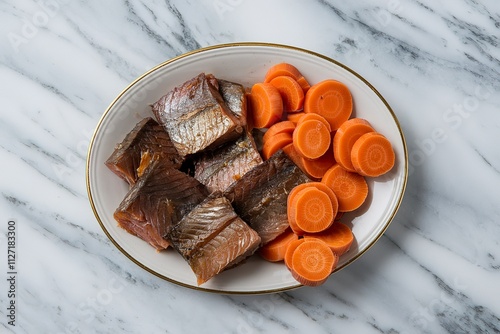 a plate of chunks of smoked brook trout with a rich, reddish-brown hue photo