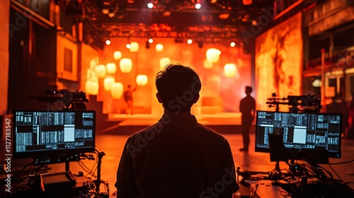 A person stands in a dimly lit space, facing illuminated screens and a stage with warm lighting, suggesting a behind-the-scenes atmosphere in a performance venue.