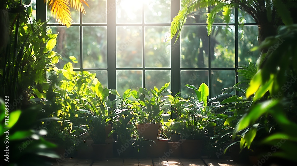 An eco-friendly poster mockup in a botanical garden, surrounded by lush green plants and natural light An eco-friendly poster mockup in a botanical garden, surrounded by lush green plants and natural light