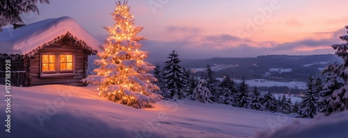 a Christmas tree with candles stands in the snow next to a lonely romantically lit hut in mountains