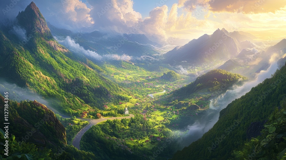 Obraz premium Serene Panoramic View of Majestic Mountain Landscape at Sunset