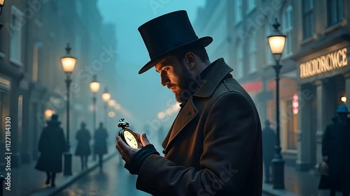 Man in Top Hat Examining Object on Foggy Victorian Street
