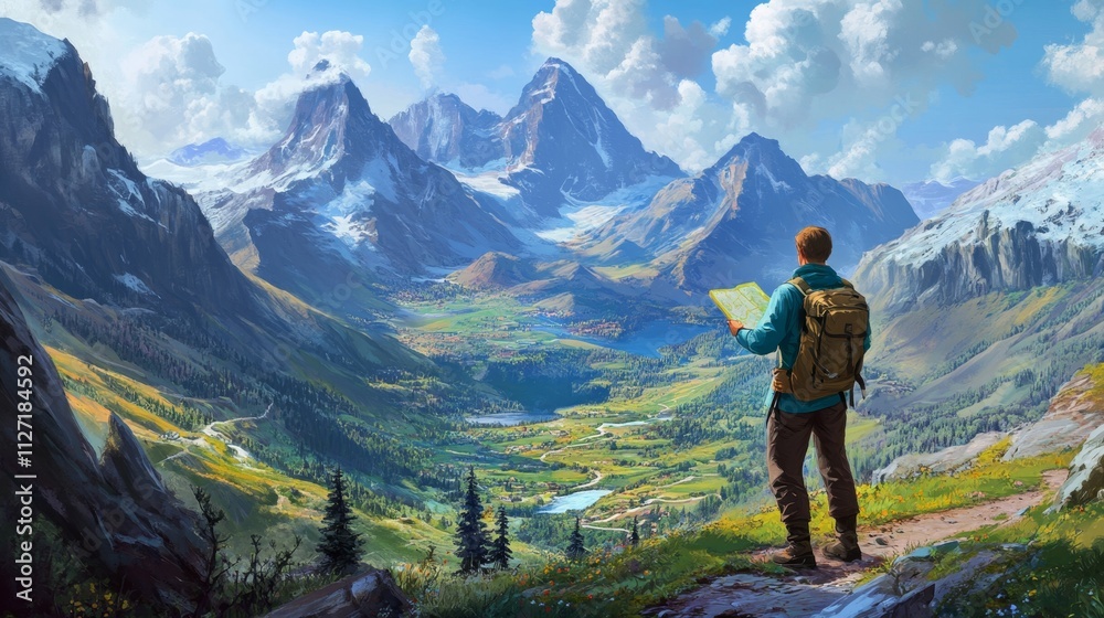 Majestic Mountain Landscape with Adventurer Holding Map