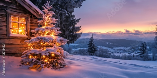 a Christmas tree with candles stands in the snow next to a lonely romantically lit hut in mountains