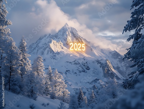 A peaceful snowy mountain scene with 2025glowing on the peak in soft golden light photo