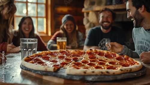 A group of friends gathered around the table, smiling and laughing as they delicately ate pizza with their hands photo