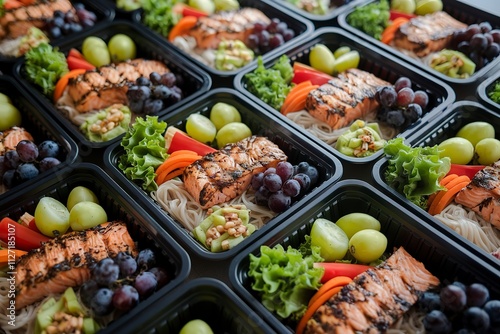 multiple black containers contains a health-conscious meal  arranged in a grid pattern photo