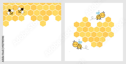 Beehive honey sign with hexagon grid cells and bee cartoons on white backgrounds vector.