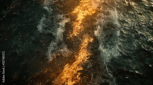 The abstract confrontation of ice and fire, a concept of nature's opposites in a cold vs hot struggle with a flowing vs burning design and a dark vs light backdrop.