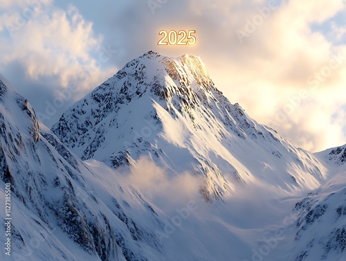 A peaceful snowy mountain scene with 2025glowing on the peak in soft golden light photo