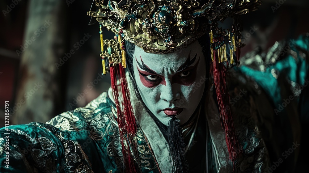 Intense Asian Opera Performer in Elaborate Costume Traditional Headdress Intense Asian Opera Performer in Elaborate Costume Traditional Headdress
