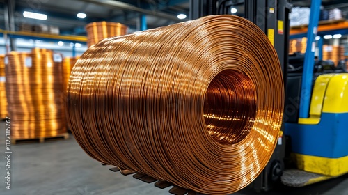 A close-up of a large copper wire coil being handled by a forklift in an industrial setting, showcasing the shiny surface and intricate textures. photo