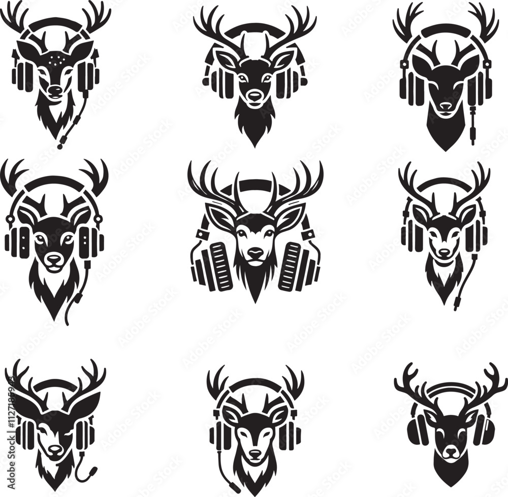 Naklejka premium Deer Face Vector Logo with Headphones for Music Lovers
