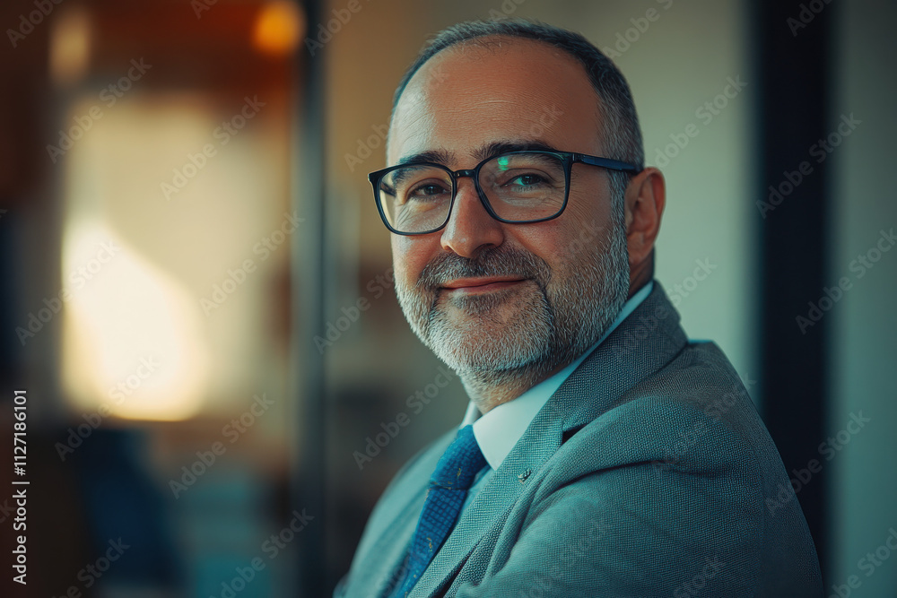 A professional man in a suit smiling confidently in an office setting. A professional man in a suit smiling confidently in an office setting.