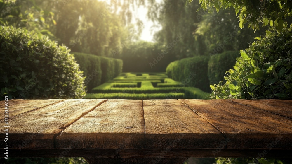 Naklejka premium Rustic Wooden Table with Textured Surface in Garden Setting