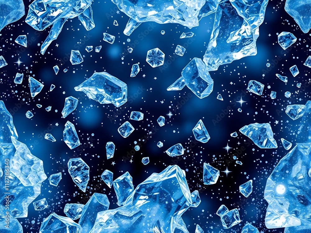 Sparkling ice crystals floating in a dark blue space. Sparkling ice crystals floating in a dark blue space.