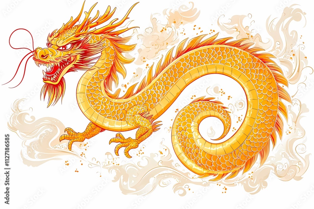 Obraz premium Vibrant Golden Dragon Illustration with Dynamic Flowing Elements