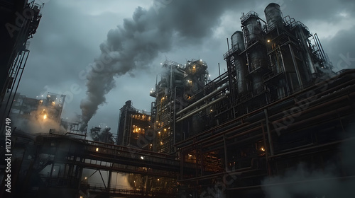 Industrial plant at night with smoke and steam rising from its towers and pipes under a dark sky. photo