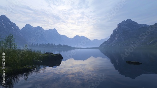 photorealistic minimalistic serene mountain lake scene with soft sunrise, symbolizing clarity, hope, and quiet strength