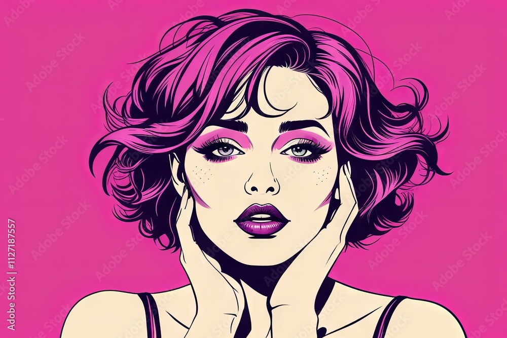 Bright pop art portrait of a woman with pink hair and dramatic makeup expressing confidence and style Bright pop art portrait of a woman with pink hair and dramatic makeup expressing confidence and style
