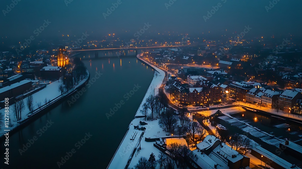Fototapeta premium Aerial view of a snow-covered city at twilight, with a river winding through it, illuminated by warm lights.